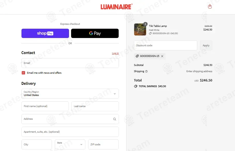 Luminaire coupon code: 15% off with GOODDESIGN-15. Tested and valid as 8 months ago.