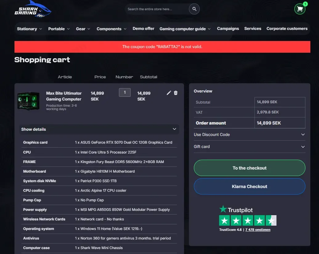 Sharkgaming SE coupon code: 2% off with RABATTA2. Tested and valid as 4 months ago.