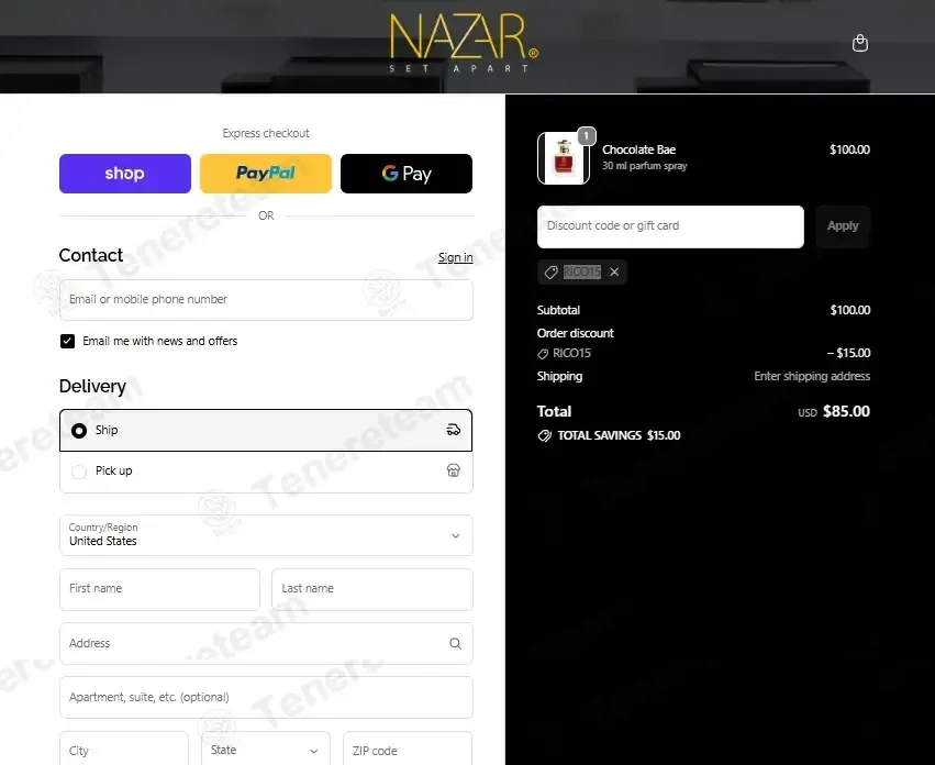 Nazar Fragrances coupon code: 15% off with rico15. Tested and valid as 1 month ago.