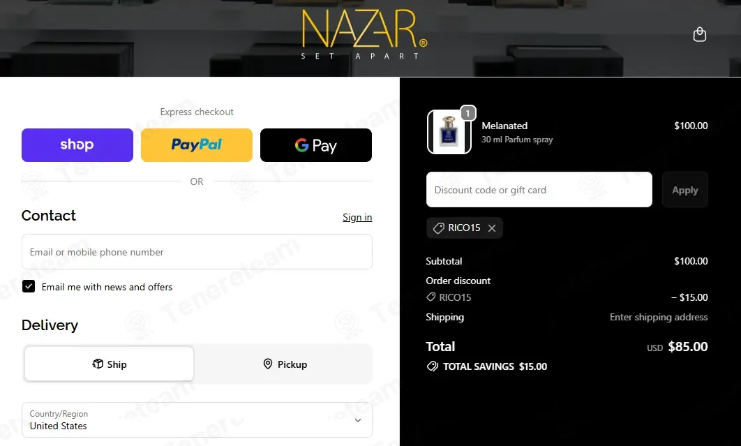 Nazar Fragrances coupon code: 15% off with rico15. Tested and valid as 1 month ago.