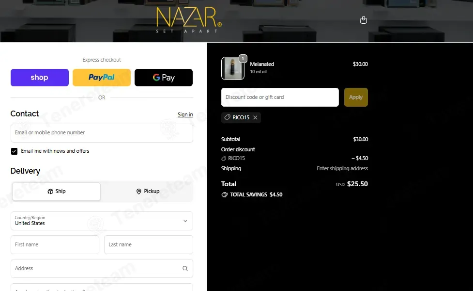 Nazar Fragrances coupon code: 15% off with rico15. Tested and valid as 1 month ago.