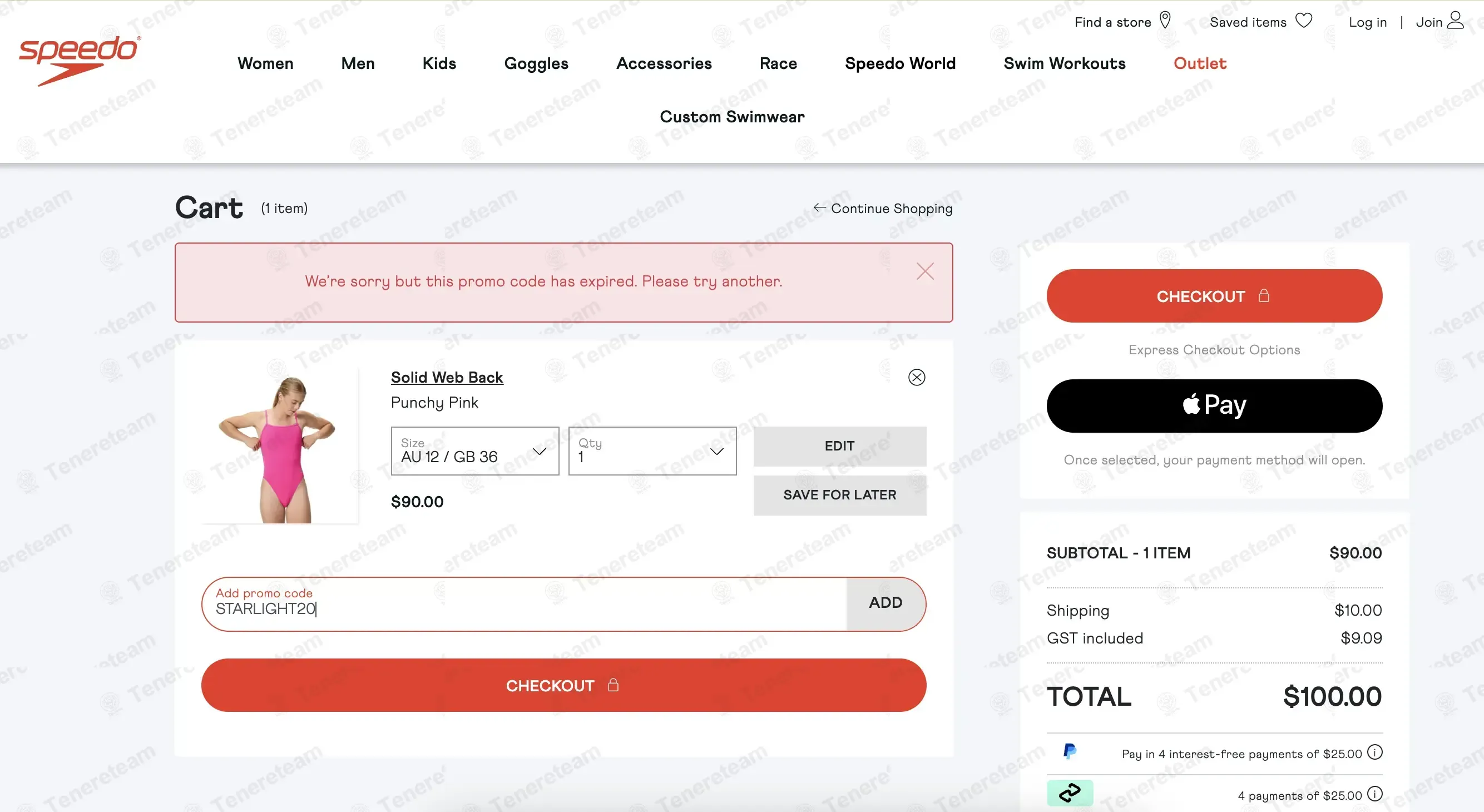 Speedo Australia coupon code: 20% off with STARLIGHT20. Tested and valid as 2 months ago.