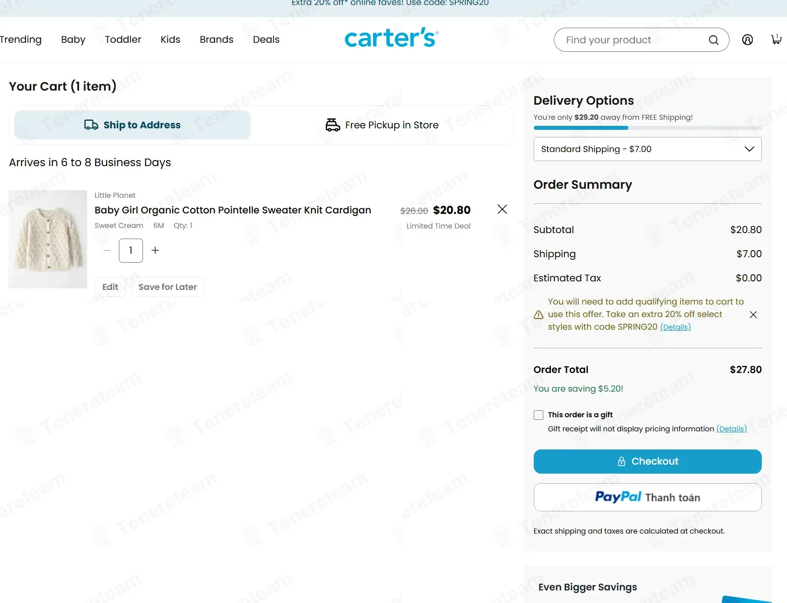 Carters coupon code: 20% off with SPRING20. Tested and valid as 1 month ago.