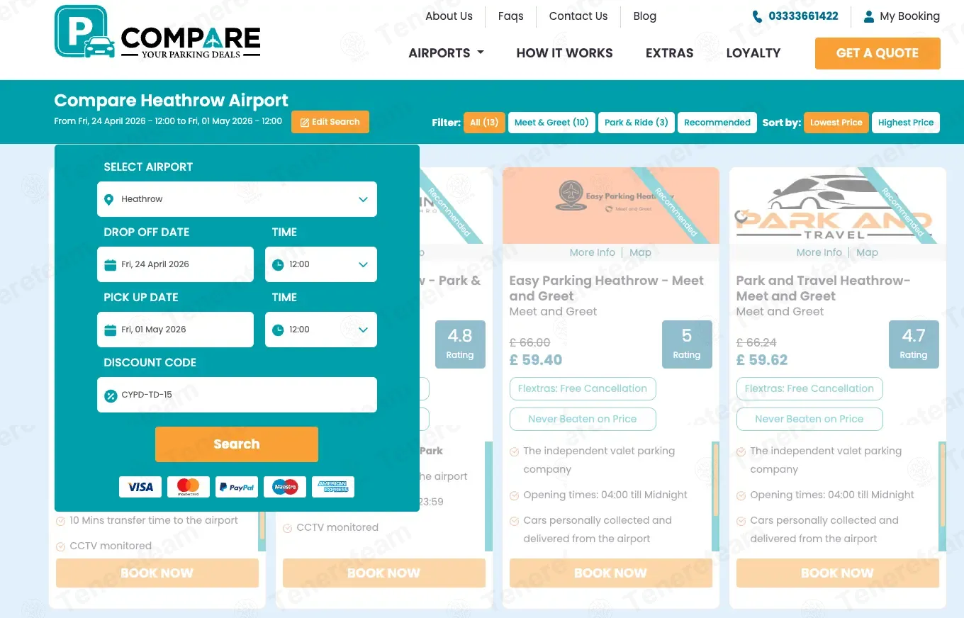 Compare Your Parking Deals coupon code: 25% off with CYPD-TD-15. Tested and valid as 1 week ago.