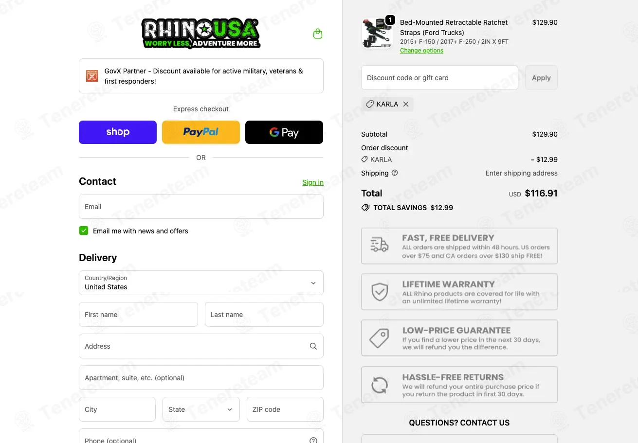 Rhino USA coupon code: 10% off with KARLA. Tested and valid as 2 months ago.