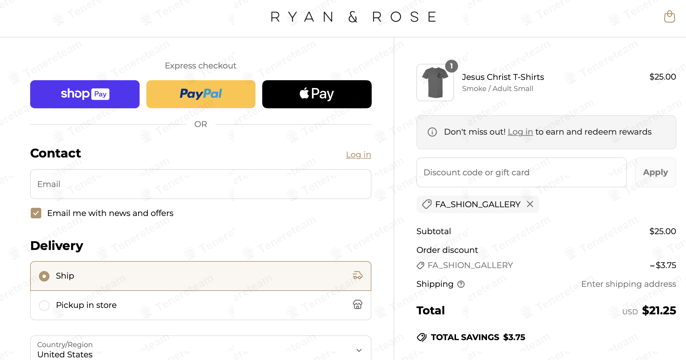 Ryan and Rose coupon code: 15% off with FA_SHION_GALLERY. Tested and valid as 7 months ago.