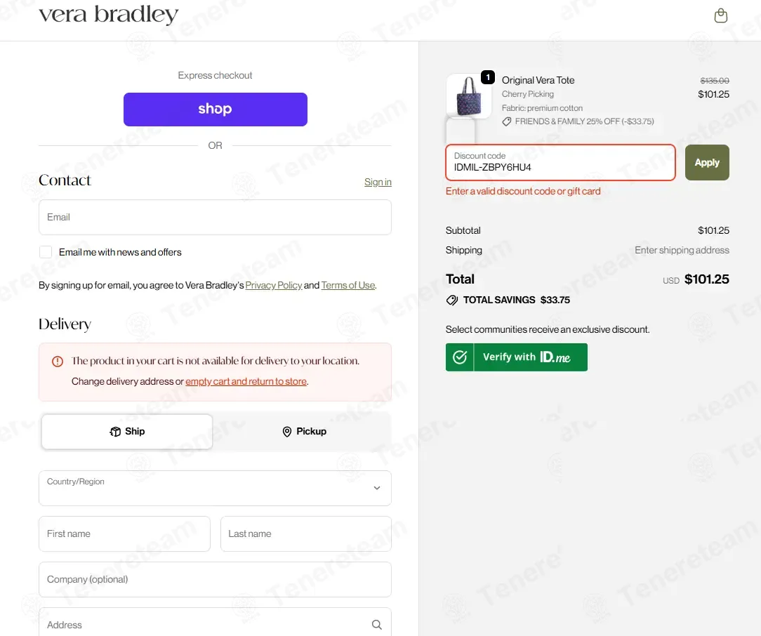 Vera Bradley coupon code: 15% off with IDMIL-ZBPY6HU4. Tested and valid as 2 months ago.