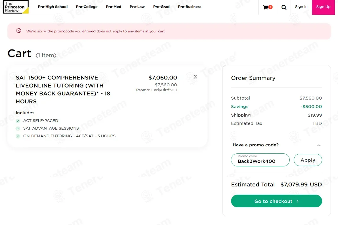 Princeton Review coupon code: $400 off with Back2Work400. Tested and valid as 4 months ago.