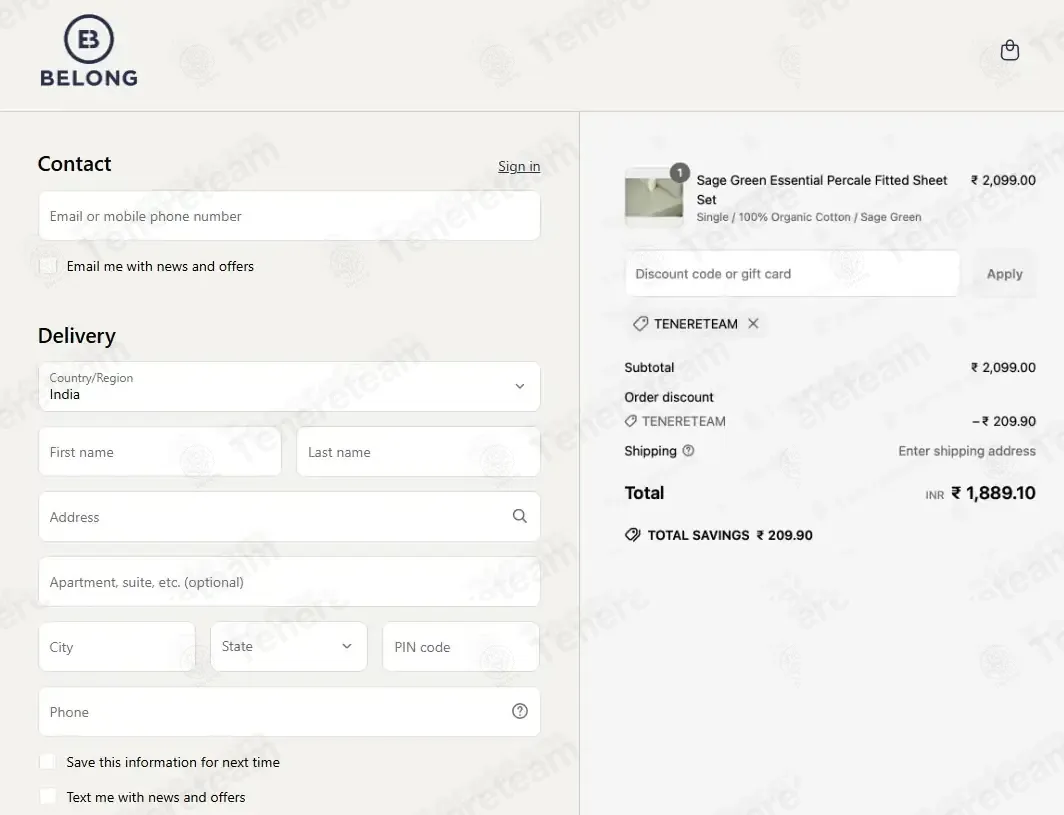 Belong India coupon code: 10% off with TENERETEAM. Tested and valid as 3 weeks ago.