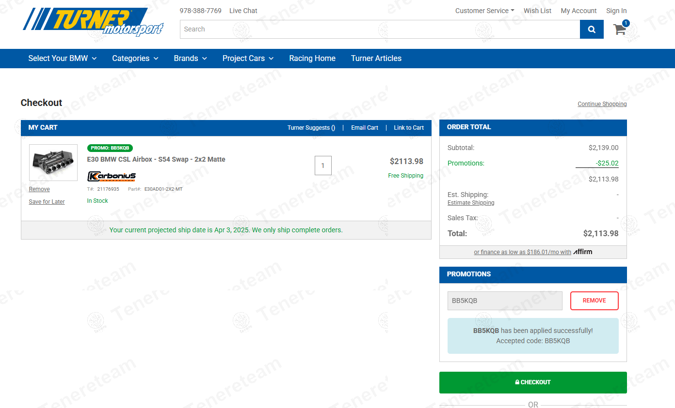 Turner Motorsport coupon code: $25 off with BB5KQB. Tested and valid as 1 year ago.