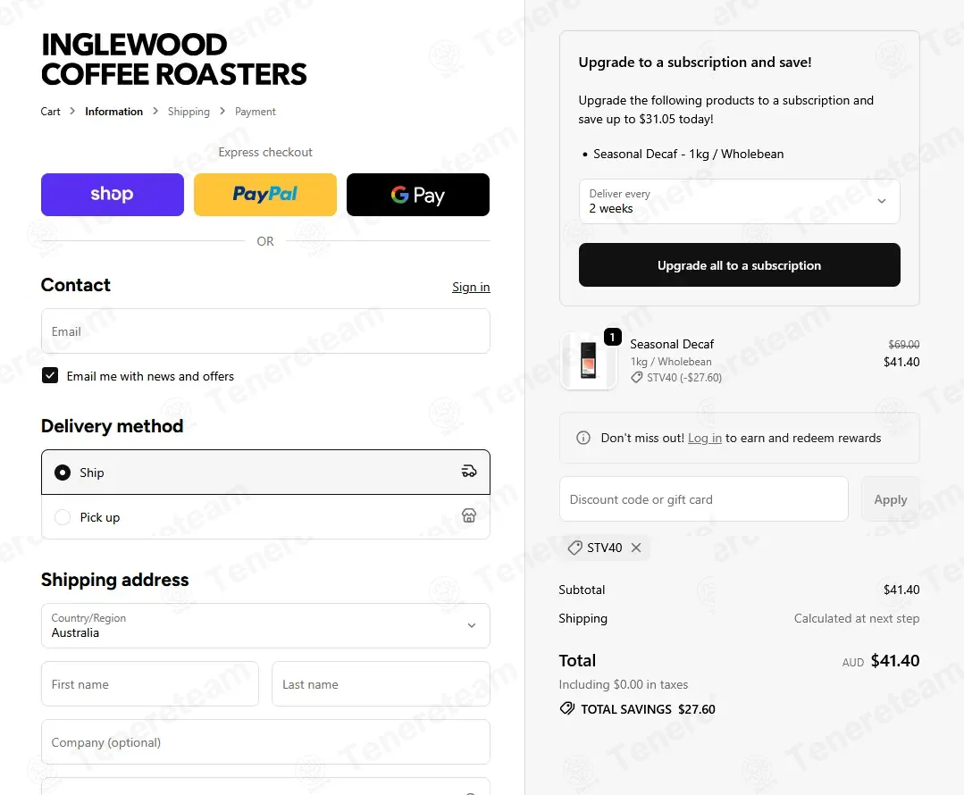 Inglewood Coffee coupon code: 40% off with STV40. Tested and valid as 8 months ago.