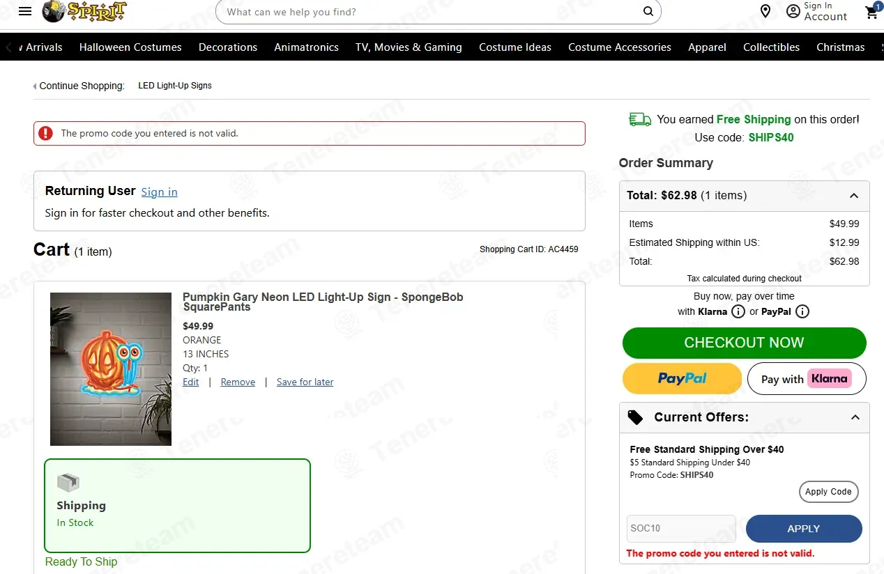 Spirit Halloween coupon code: 10% off with SOC10. Tested and valid as 1 month ago.