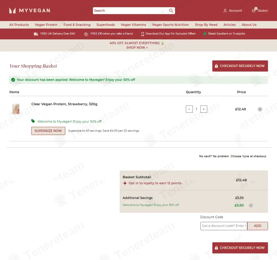 Myvegan coupon code: 50% off with WELCOME350. Tested and valid as 8 months ago.