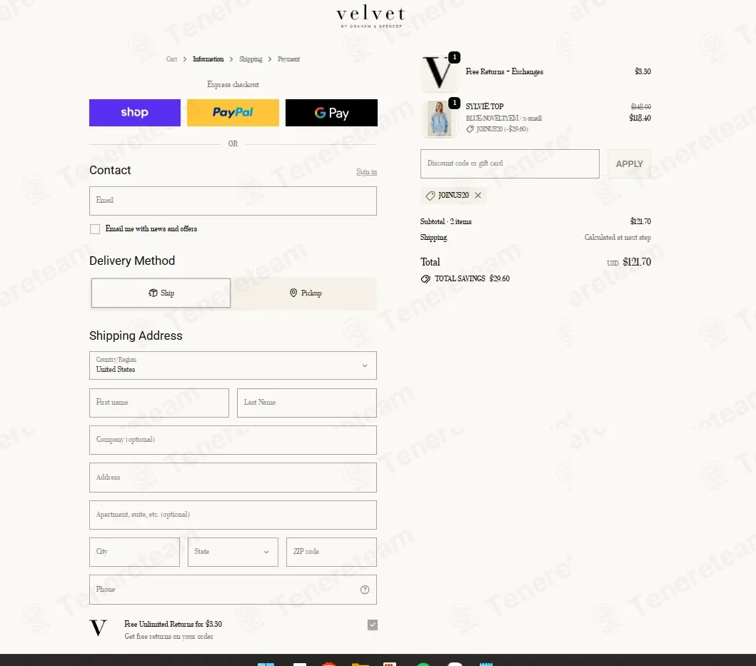 Velvet Tees coupon code: 20% off with JOINUS20. Tested and valid as 2 weeks ago.