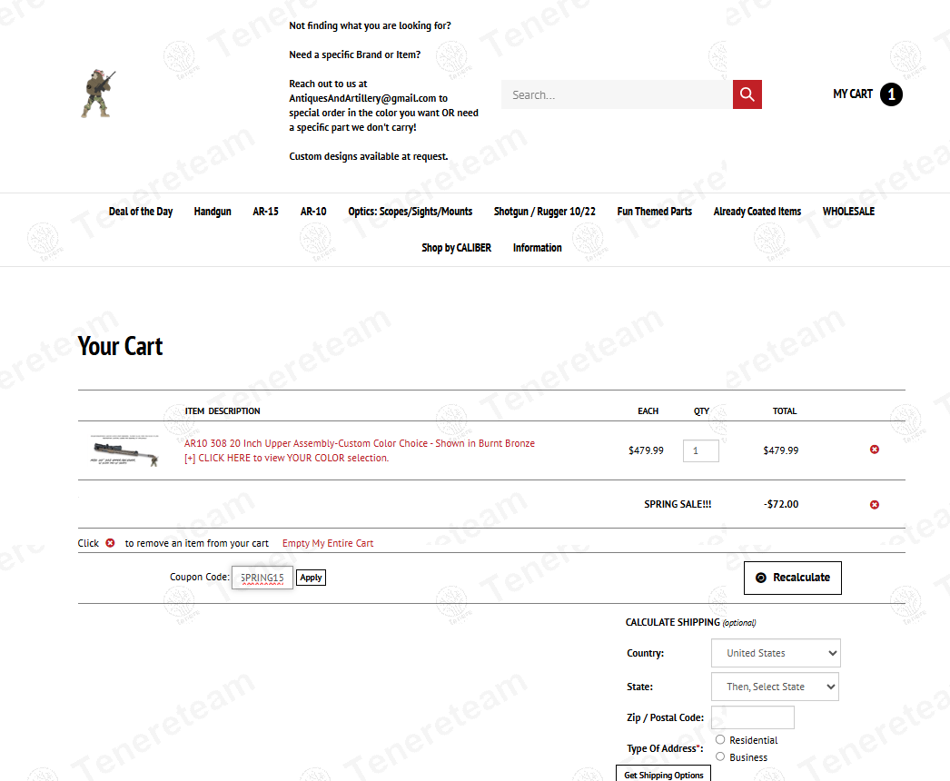 Antiques And Artillery coupon code: 15% off with SPRING15. Tested and valid as 1 year ago.