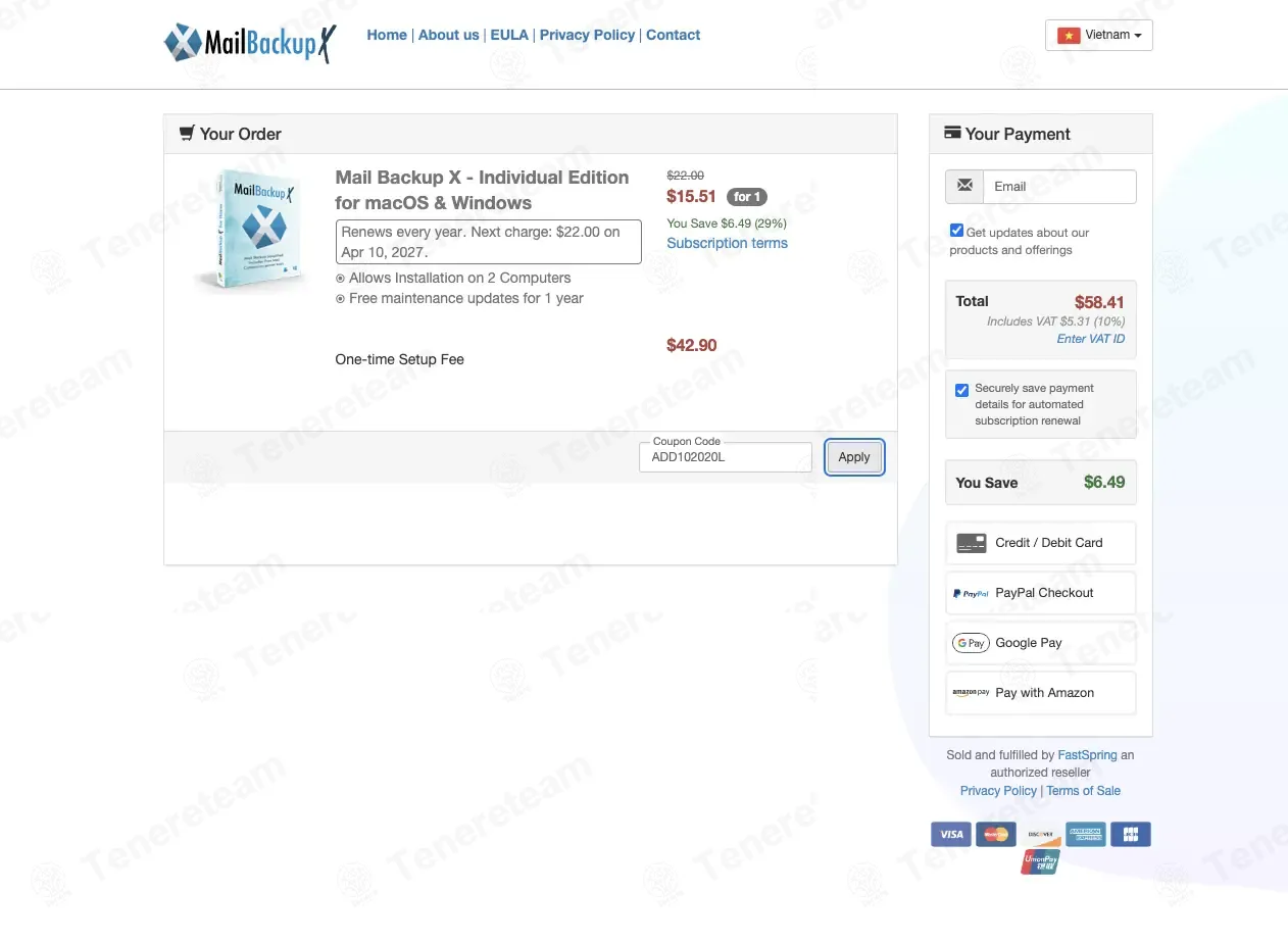 Mail Backup X coupon code: 10% off with ADD102020L. Tested and valid as 2 months ago.