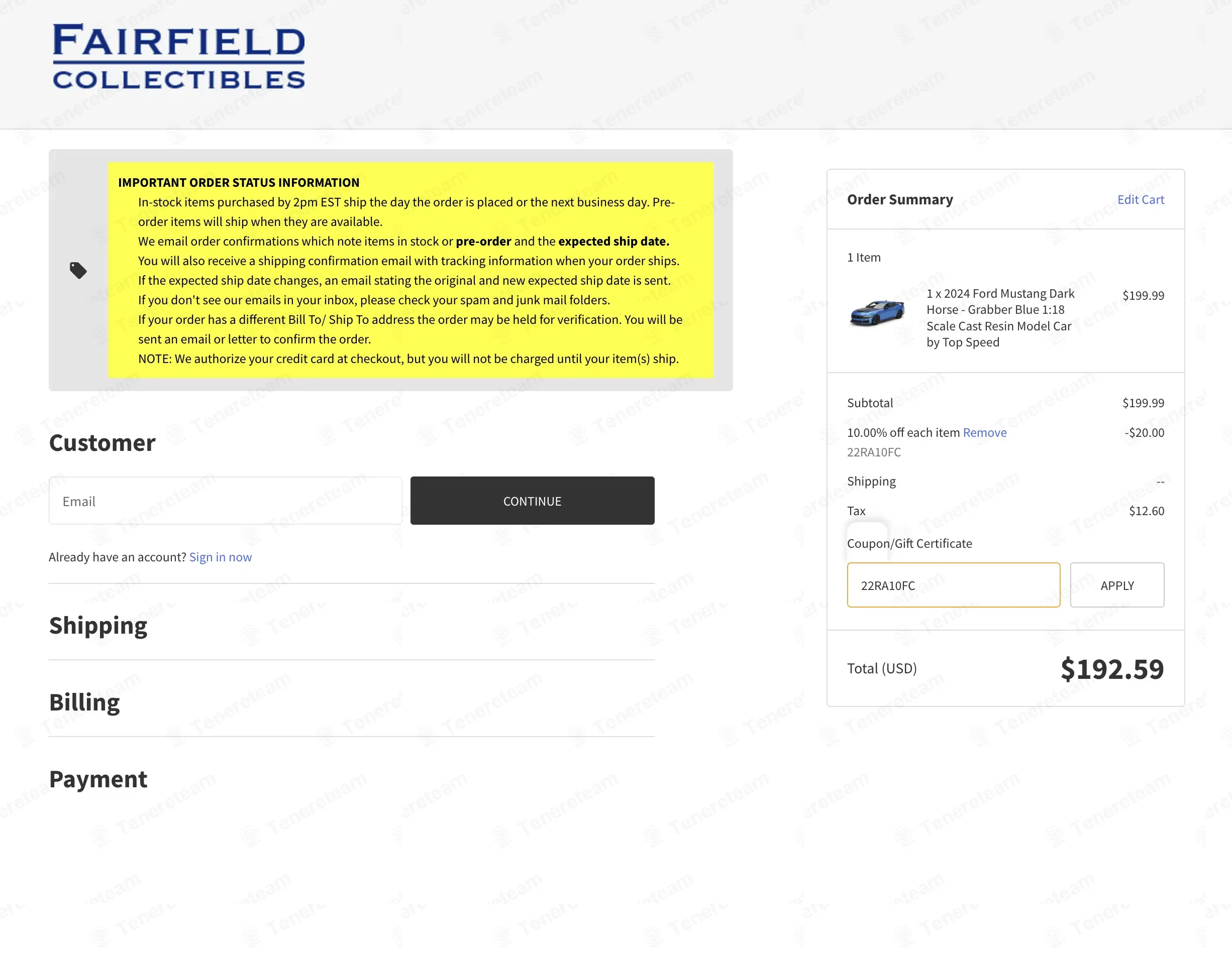 Fairfield Collectibles coupon code: 10% off with 22RA10FC. Tested and valid as 8 months ago.