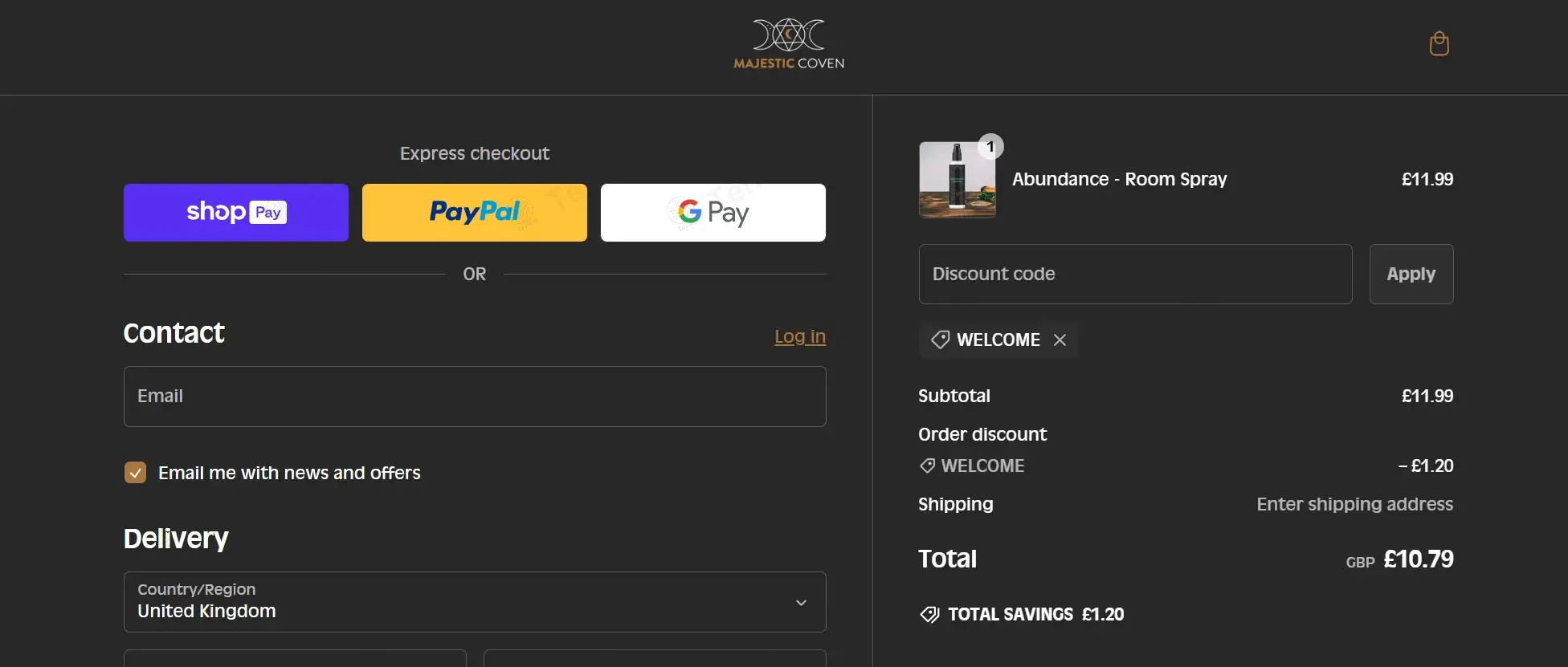 Majestic Coven coupon code: 10% off with WELCOME. Tested and valid as 9 months ago.
