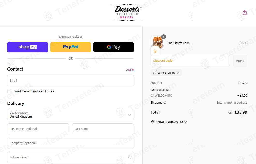 Desserts Delivered Bakery coupon code: 10% off with WELCOME. Tested and valid as 11 months ago.