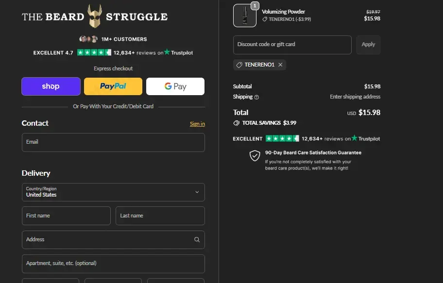The Beard Struggle coupon code: 20% off with TENERENO1. Tested and valid as 1 month ago.