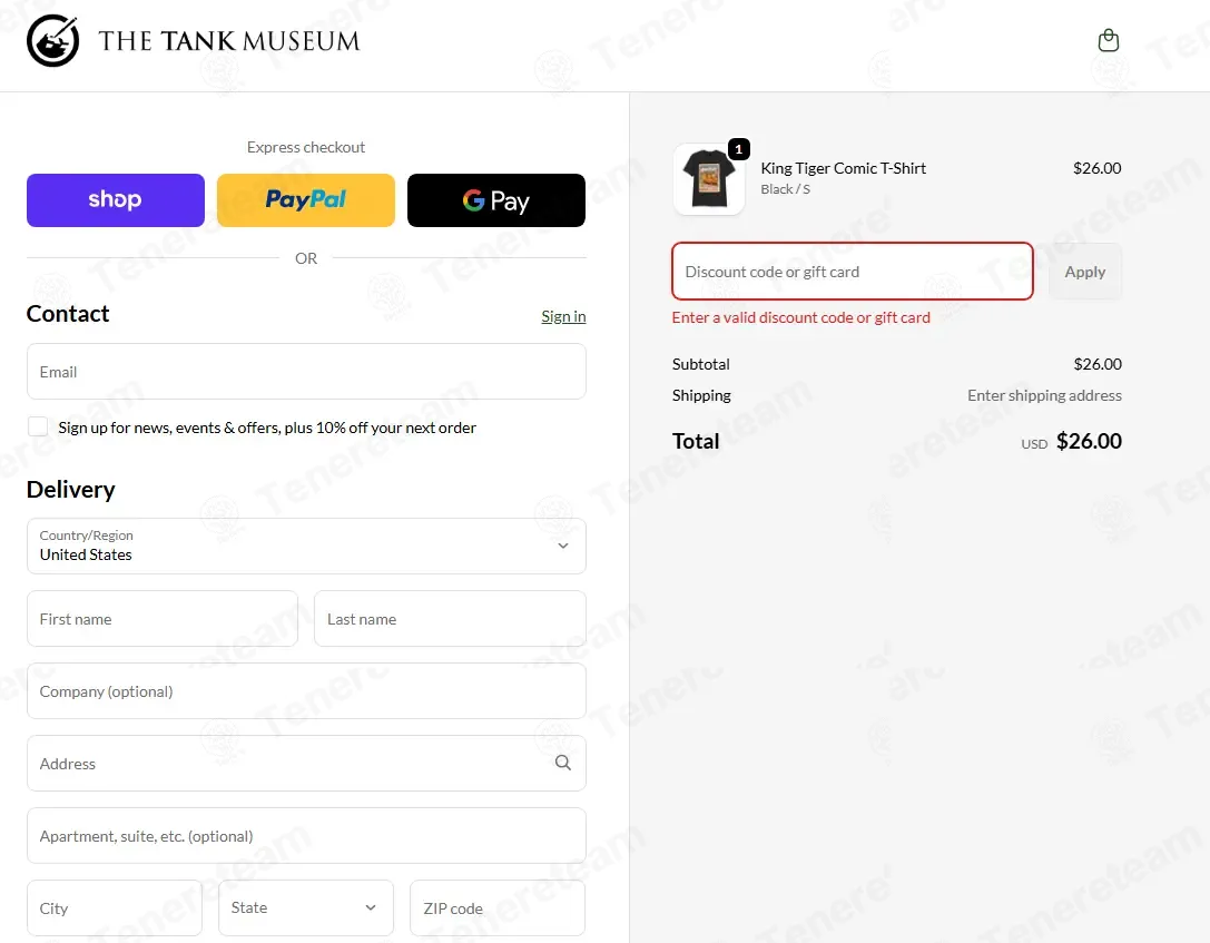 The Tank Museum coupon code: 10% off with WELCOME-94180. Tested and valid as 5 months ago.