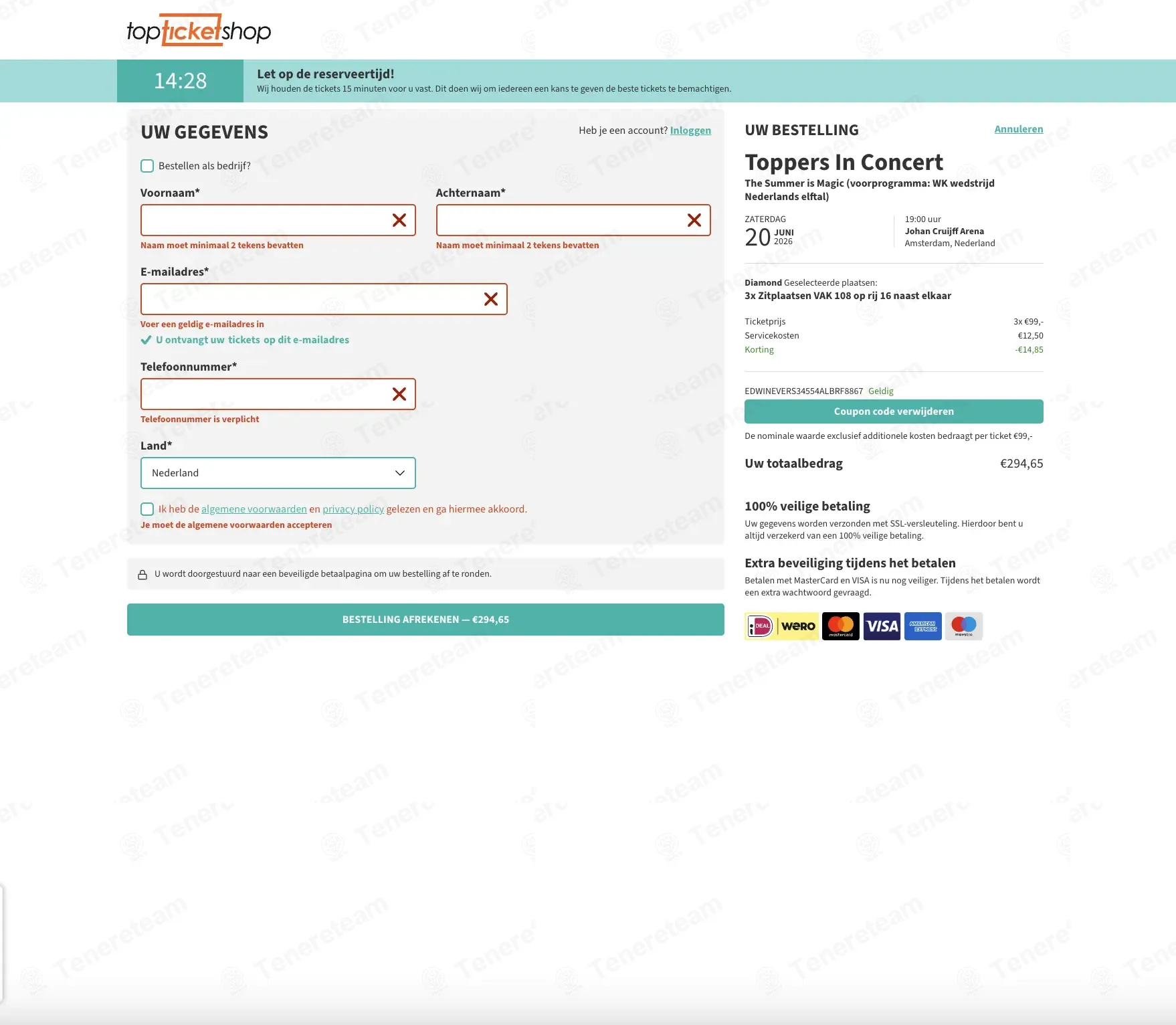 Topticketshop NL coupon code: 5% off with EDWINEVERS-34554-ALBRF-8867. Tested and valid as 4 days ago.