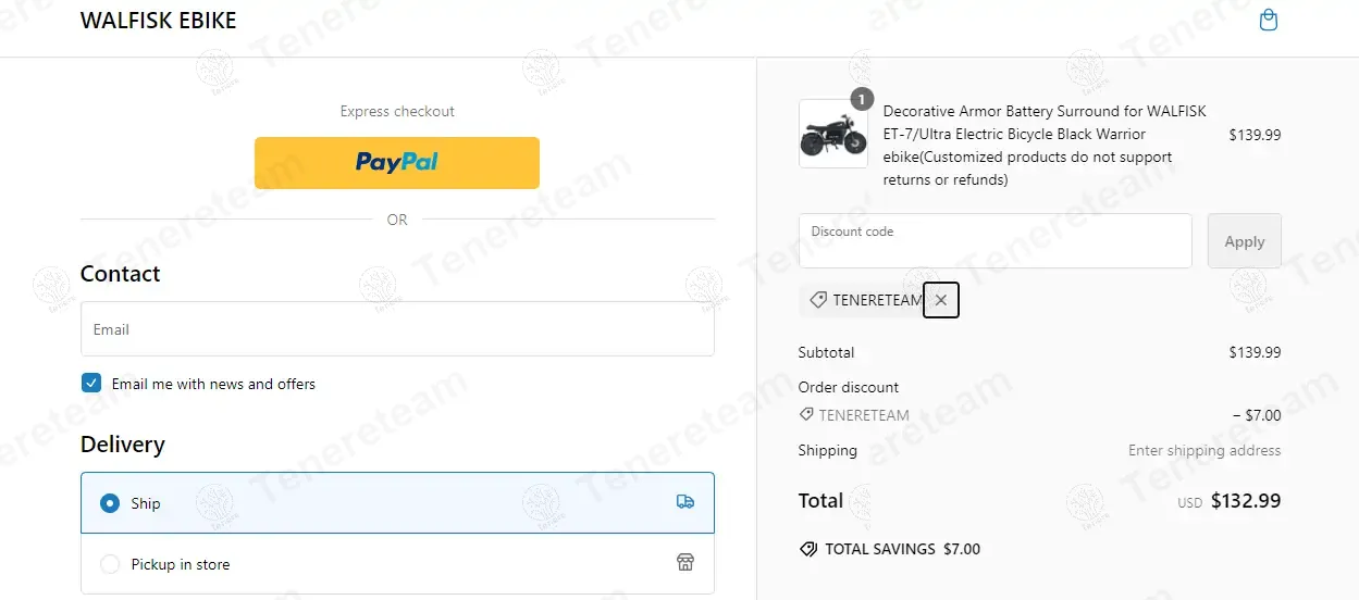 Walfiske Bike coupon code: 5% off with TENERETEAM. Tested and valid as 1 year ago.