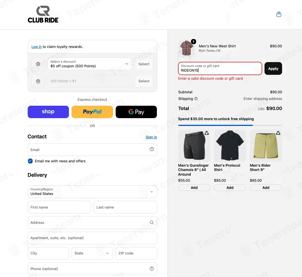 Club Ride Apparel coupon code: 15% off with RIDEON15. Tested and valid as 2 weeks ago.