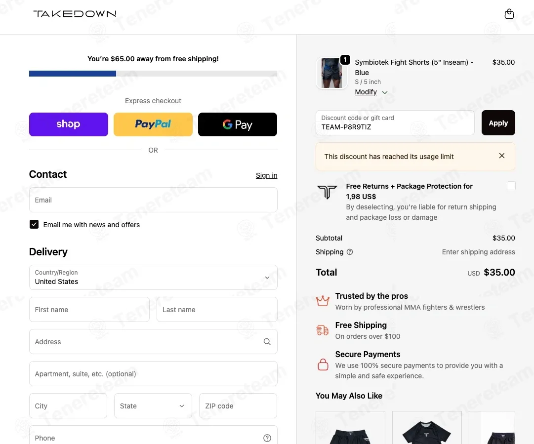Takedown Sportswear coupon code: 15% off with TEAM-P8R9TIZ. Tested and valid as 1 week ago.