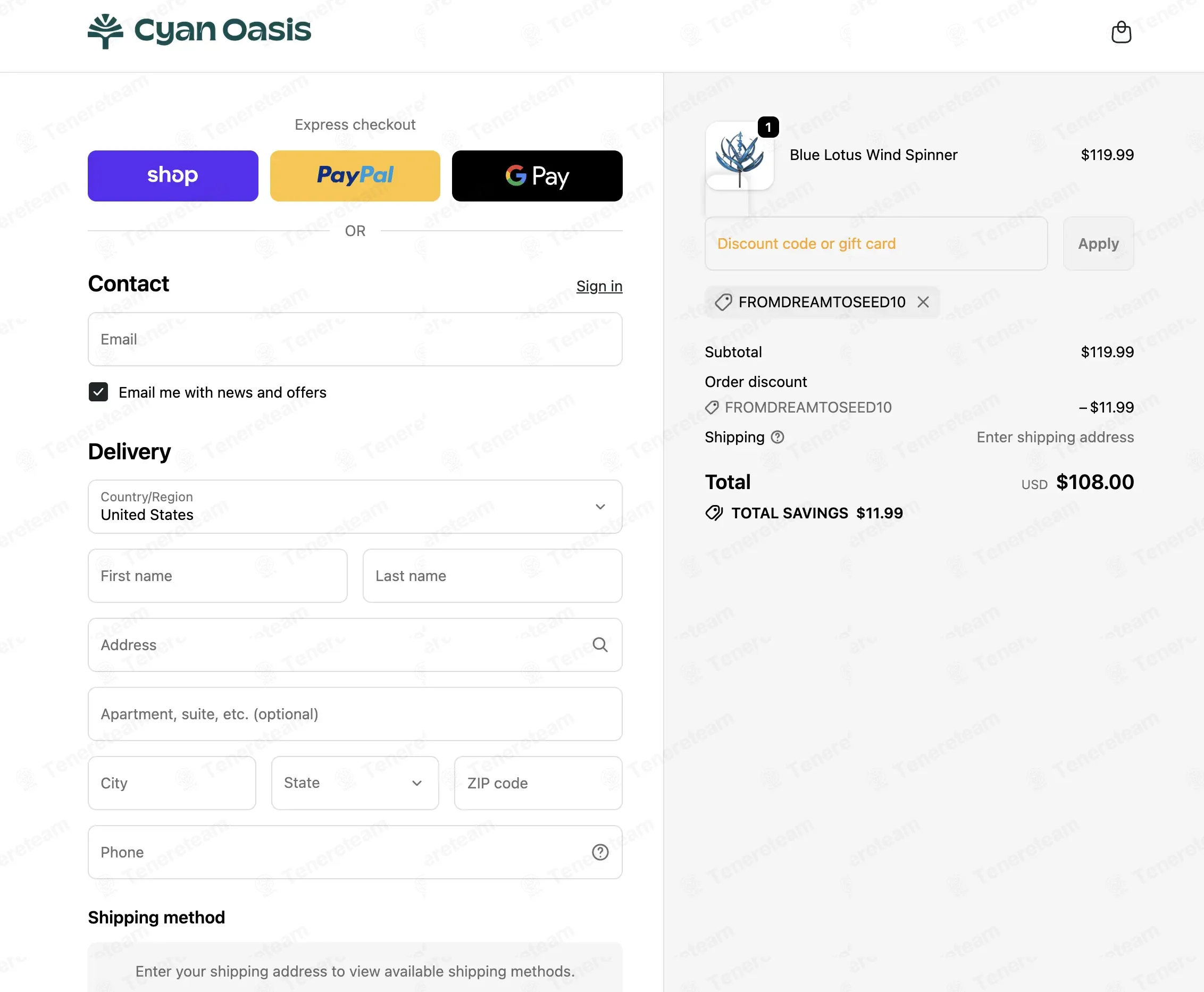 Cyan Oasis coupon code: 10% off with FROMDREAMTOSEED10. Tested and valid as 3 weeks ago.