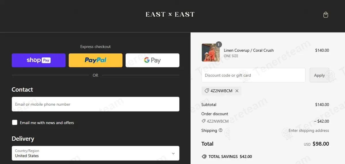 East x East coupon code: 30% off with 4Z2NWBCM. Tested and valid as 1 year ago.