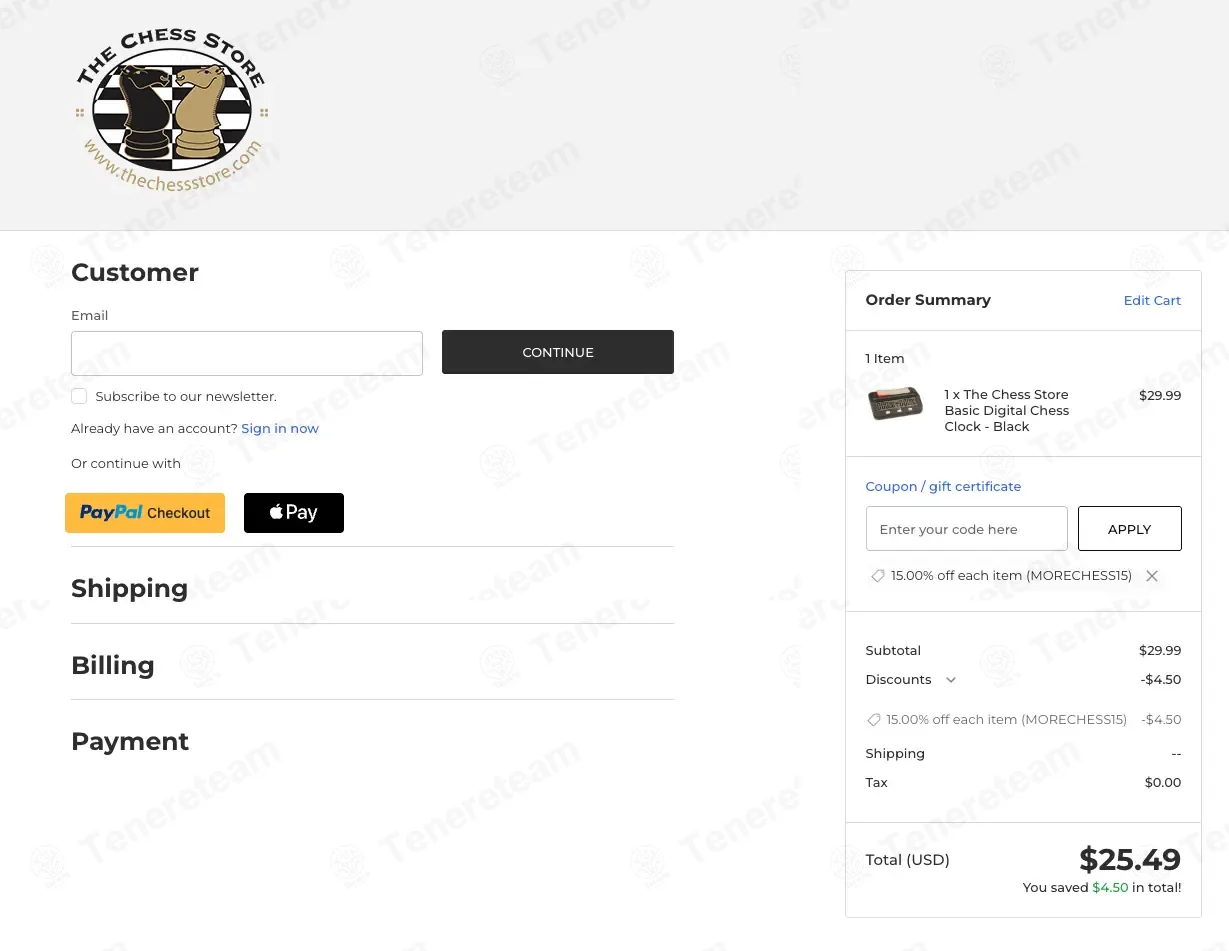 The Chess Store coupon code: 15% off with MORECHESS15. Tested and valid as 1 week ago.