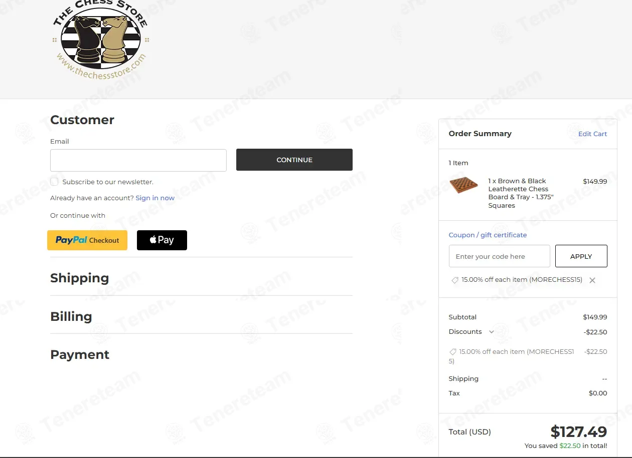 The Chess Store coupon code: 15% off with MORECHESS15. Tested and valid as 1 week ago.