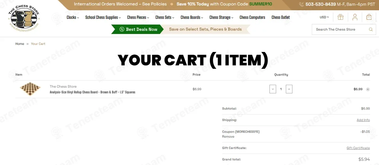 The Chess Store coupon code: 15% off with MORECHESS15. Tested and valid as 1 week ago.