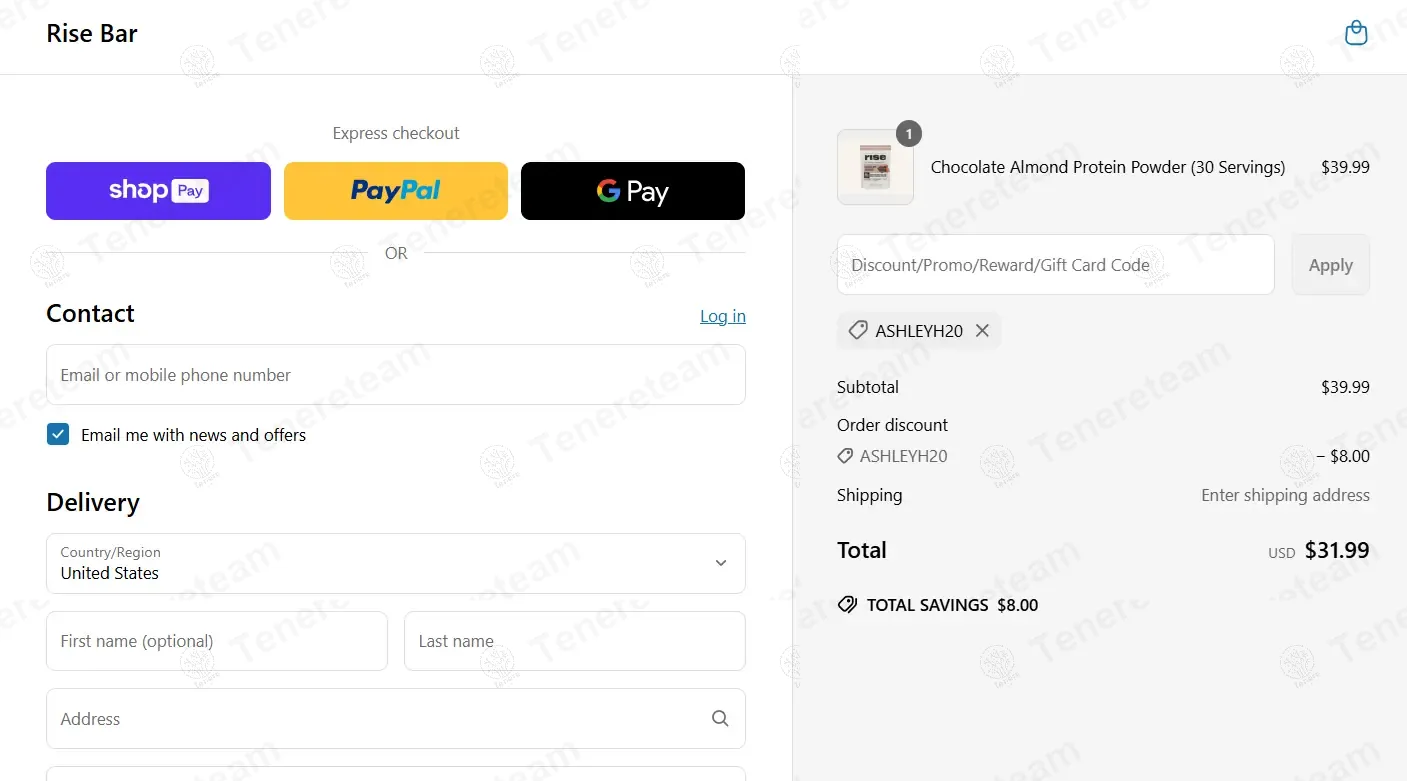 Rise Bar coupon code: 20% off with ASHLEYH20. Tested and valid as 1 year ago.
