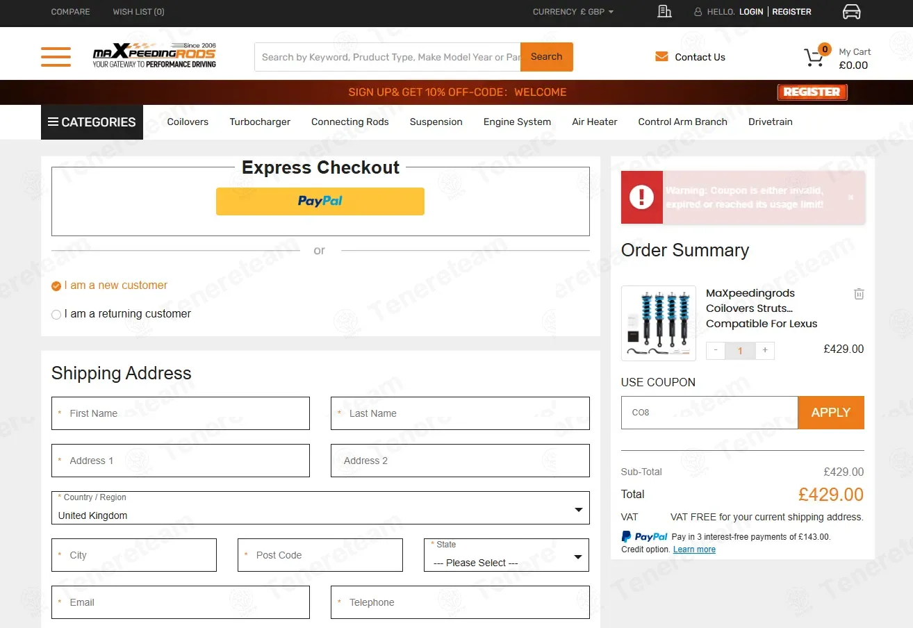 MaXpeedingRods UK coupon code: 8% off with CO8. Tested and valid as 5 days ago.