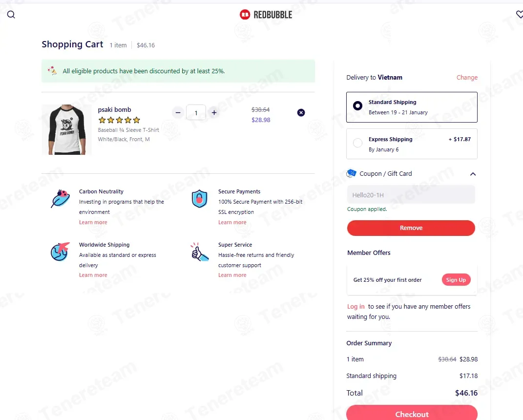 RedBubble coupon code: 20% off with Hello20-1H. Tested and valid as 3 months ago.
