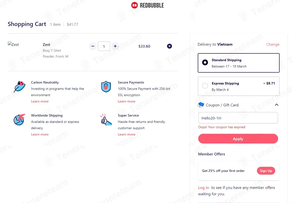 RedBubble coupon code: 20% off with Hello20-1H. Tested and valid as 3 months ago.