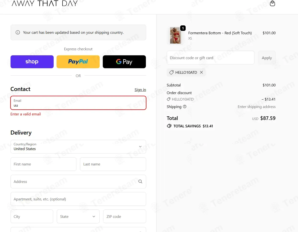 Away That Day coupon code: 10% off with HELLO10ATD. Tested and valid as 10 months ago.