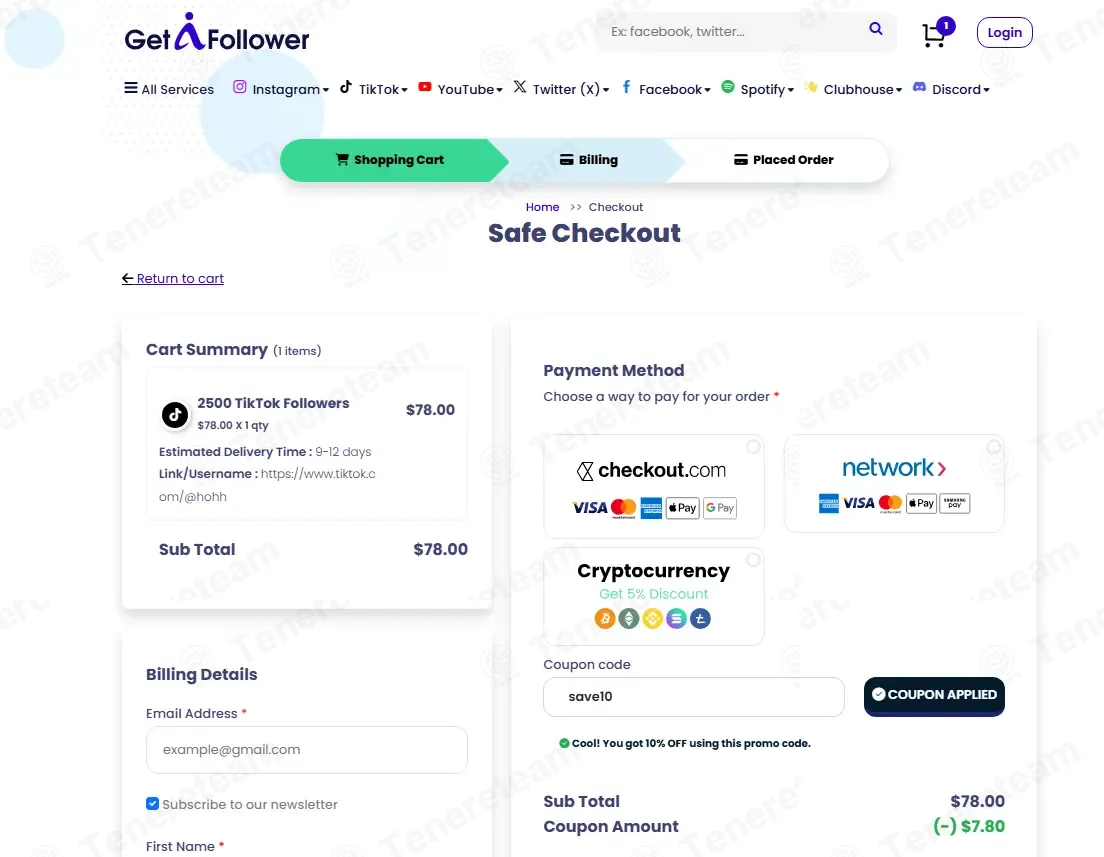 GetAFollower coupon code: 10% off with save10. Tested and valid as 2 weeks ago.