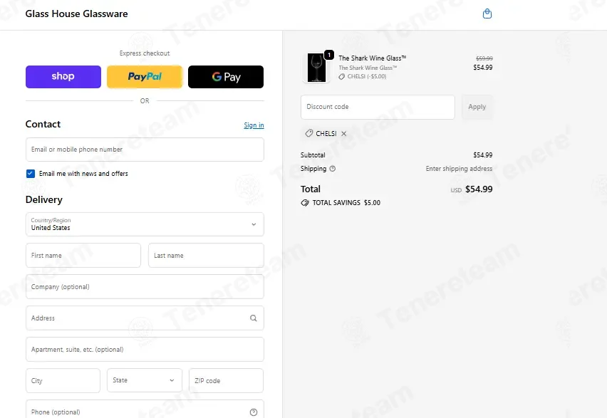 Glass House Glassware coupon code: $5 off with CHELSI. Tested and valid as 3 weeks ago.