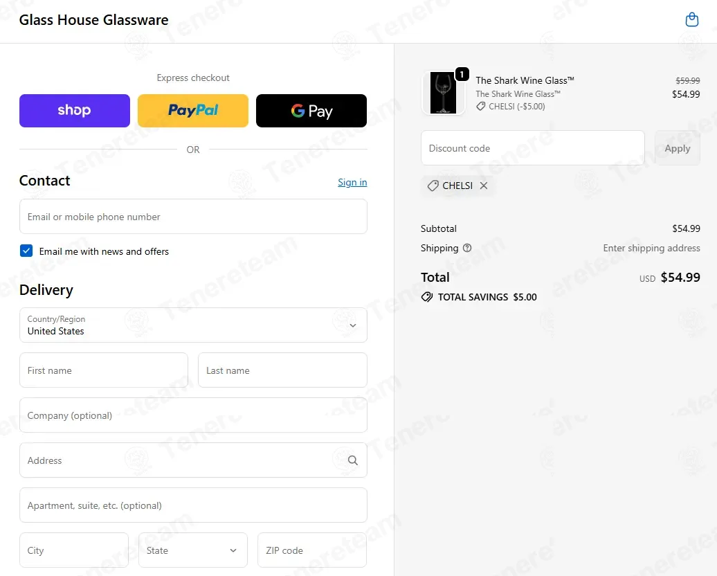Glass House Glassware coupon code: $5 off with CHELSI. Tested and valid as 3 weeks ago.