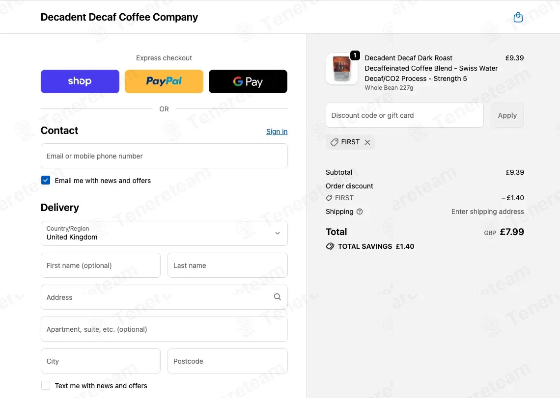 Decadent Decaf coupon code: 15% off with FIRST. Tested and valid as 3 weeks ago.