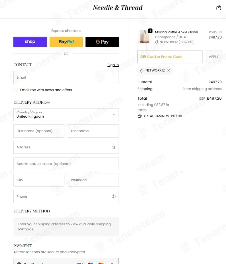 Needle & Thread coupon code: 12% off with NETWORK12. Tested and valid as 3 months ago.