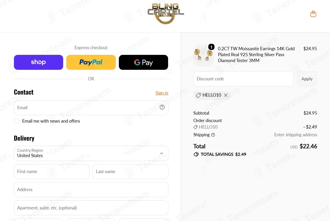 Bling Cartel coupon code: 10% off with HELLO10. Tested and valid as 2 weeks ago.