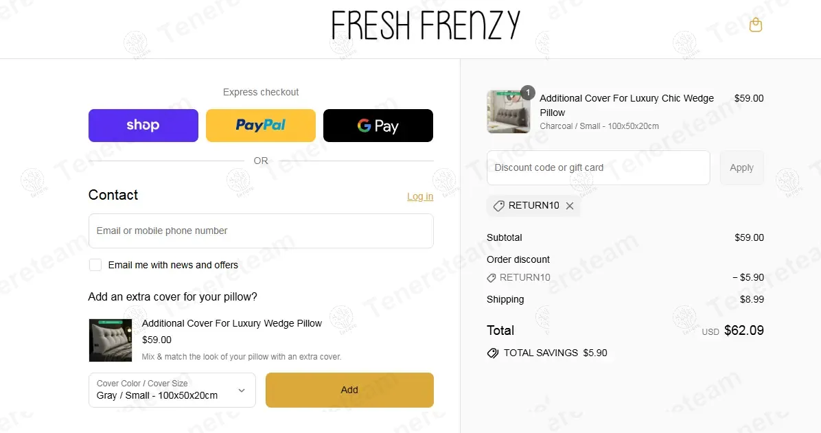 Fresh Frenzy coupon code: 10% off with RETURN10. Tested and valid as 9 months ago.