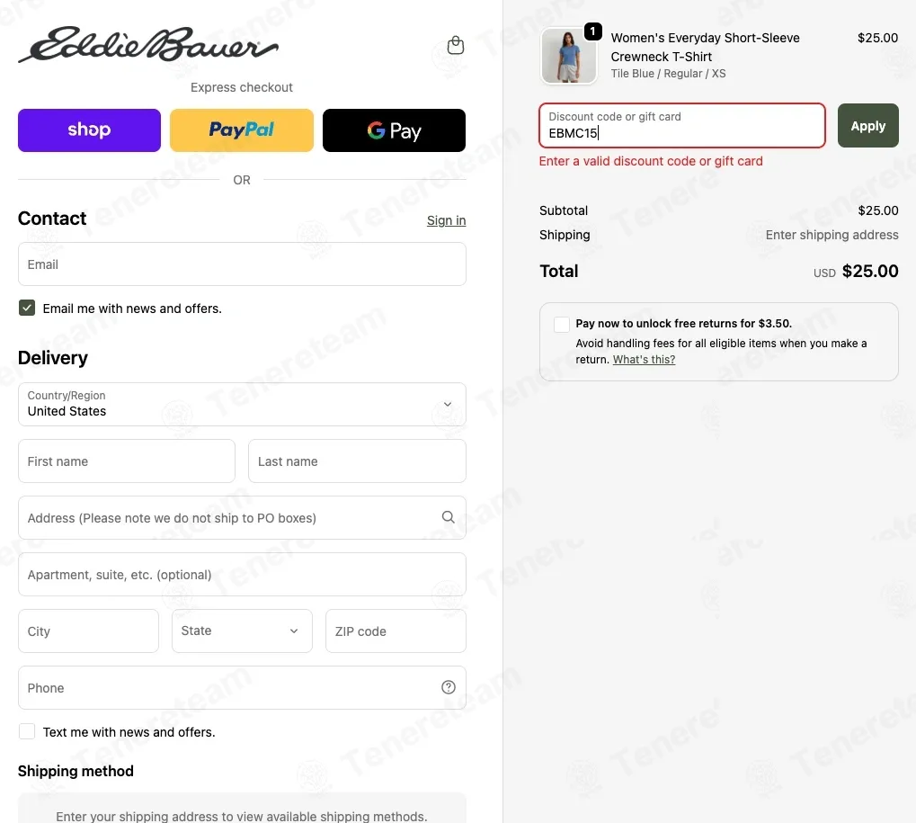 Eddie Bauer coupon code: 15% off with EBMC15. Tested and valid as 1 month ago.