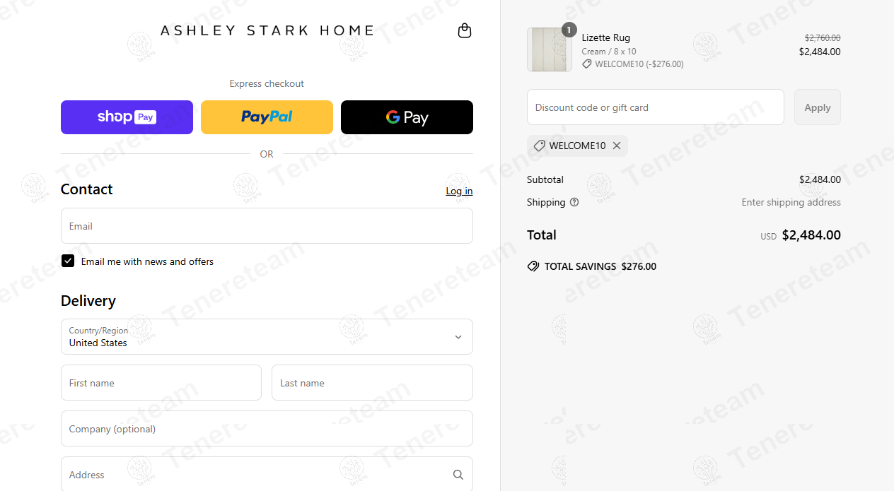 Ashleystarkhome coupon code: 10% off with WELCOME10. Tested and valid as 1 month ago.