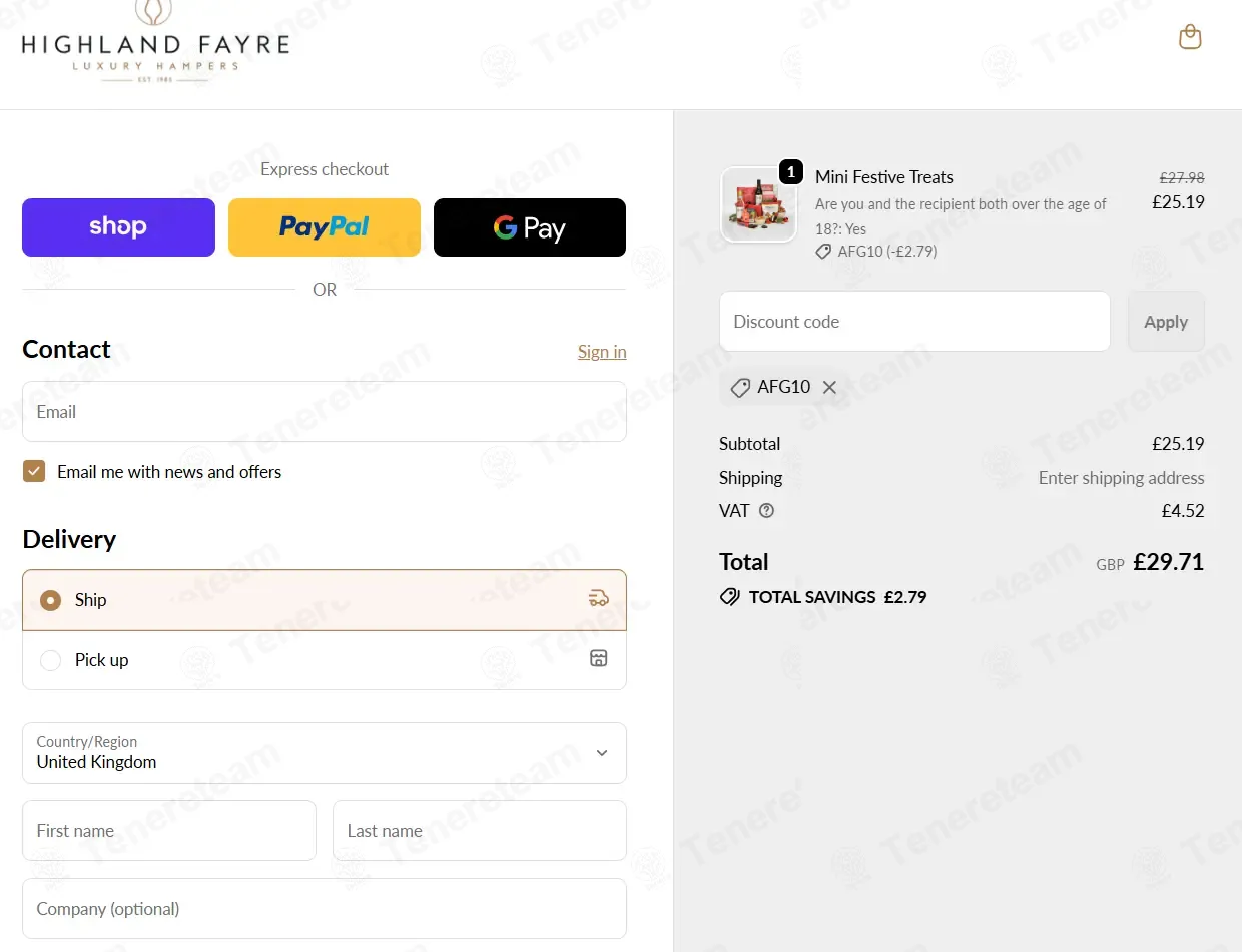 Highland Fayre coupon code: 10% off with AFG10. Tested and valid as 7 months ago.