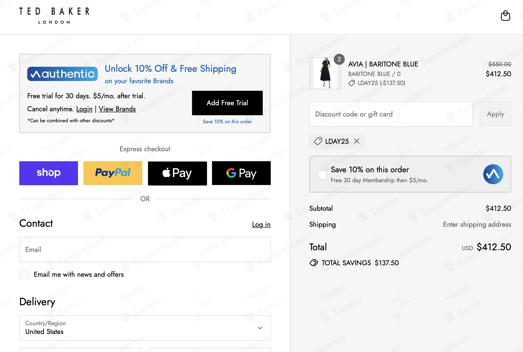 Ted Baker coupon code: 25% off with LDAY25. Tested and valid as 9 months ago.